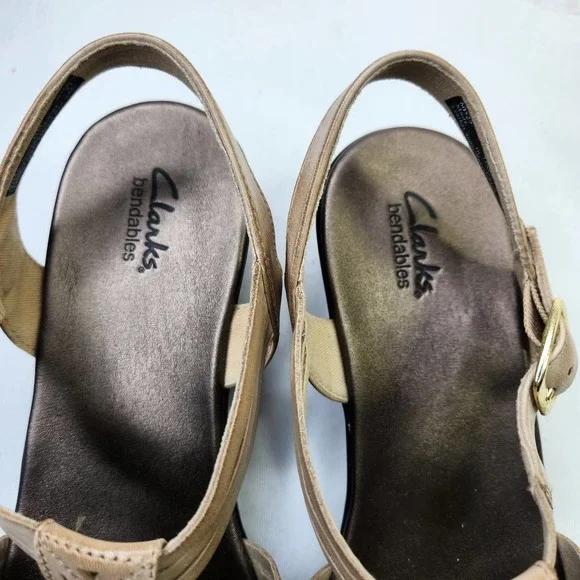 Clarks Leather Sandal Laser Cut Ankle Buckle Strap Bronze Size 11 Wedge Heel - Picture 4 of 8